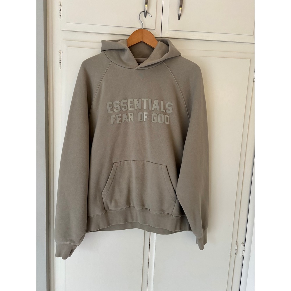 Fear of God Essentials Hoodie Taupe Tan Logo Pullover Mens Medium M Sweatshirt